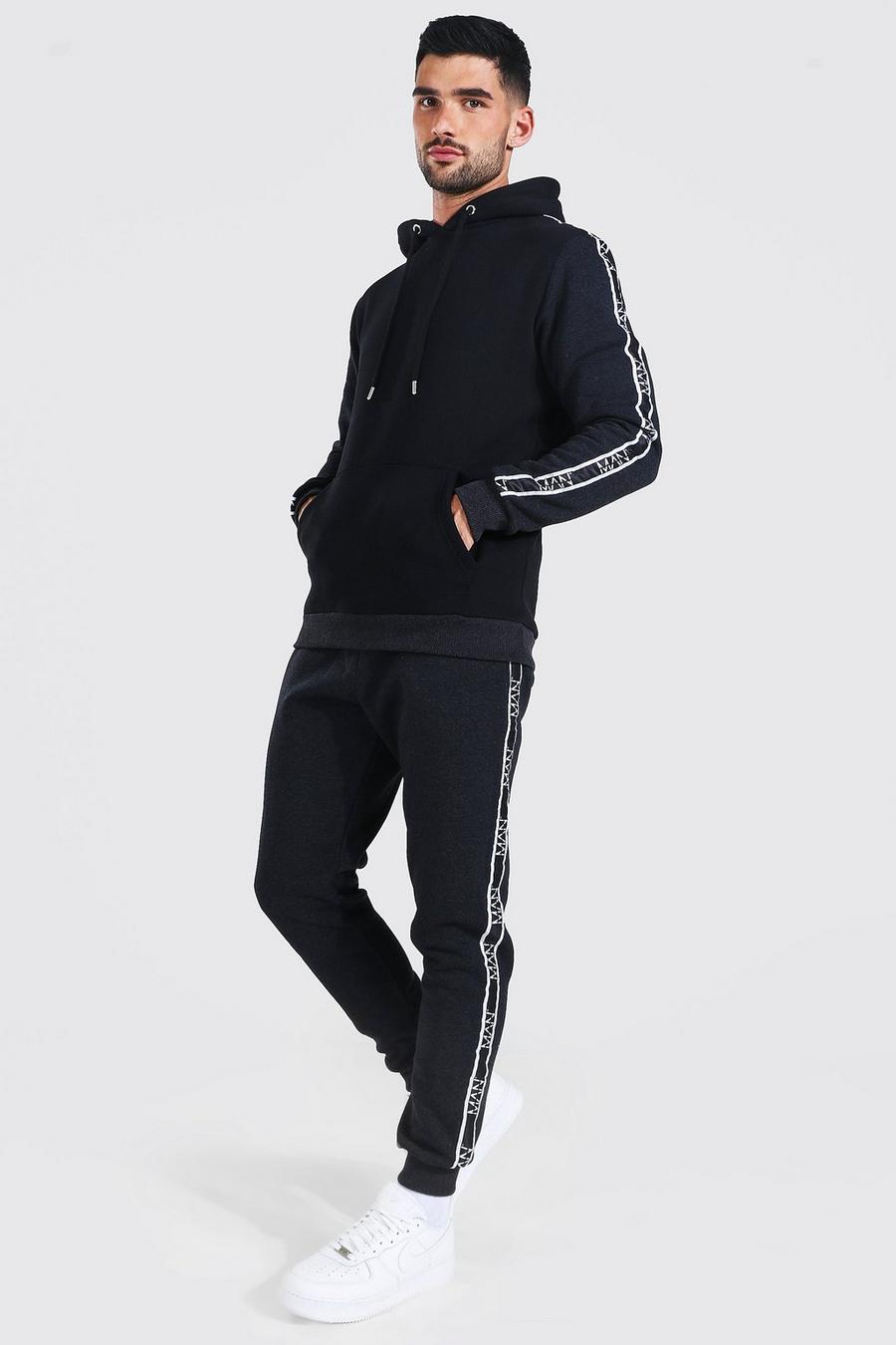 Black Colour Block Hooded Tracksuit With Man Tape image number 1