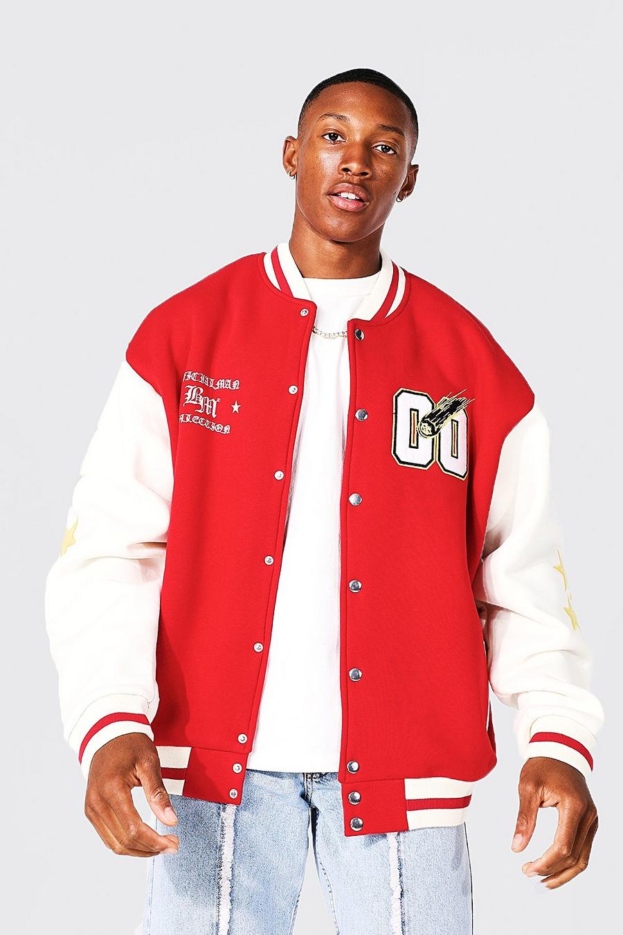 Red Oversized Exclusive Badge Varsity Bomber image number 1