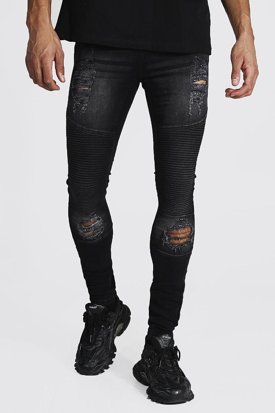 שחור ג'ינס אופנוענים סופר סקיני עם קרעים לגברים גבוהים image number 1