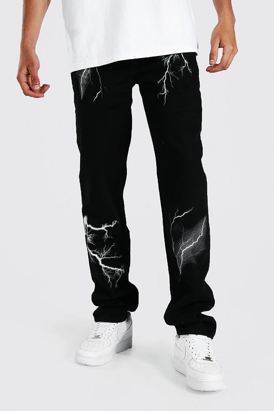 True black Tall Relaxed Fit Lightning Print Jeans image number 1