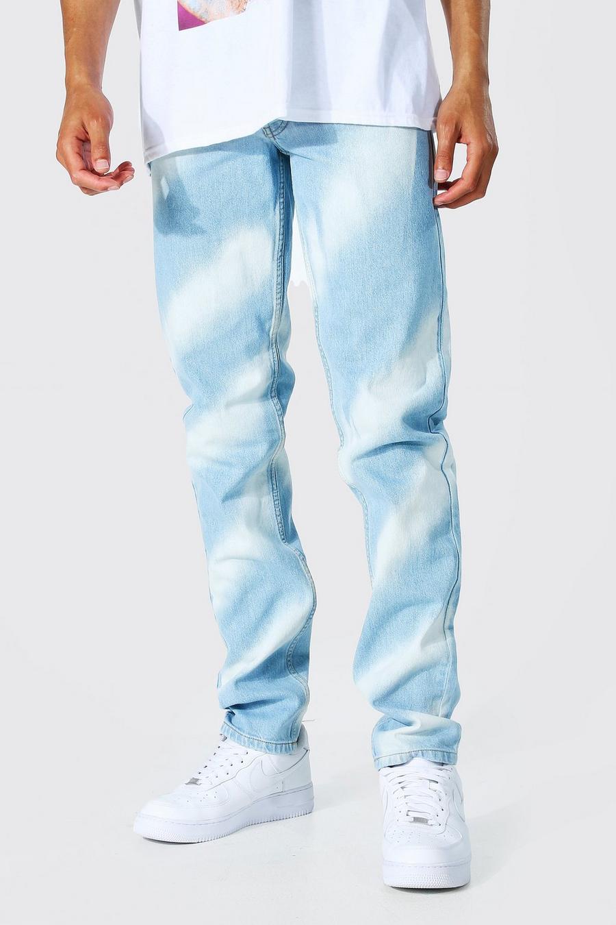 כחול קרח ג'ינס מבד קשיח בגזרה משוחררת עם כתמי הלבנה לגברים גבוהים image number 1