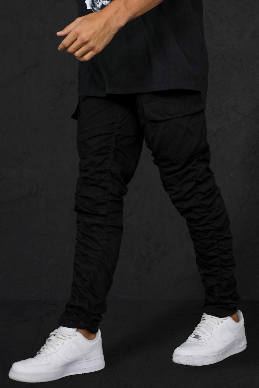 Black Slim Fit Elastic Waist Ruched Trousers image number 1