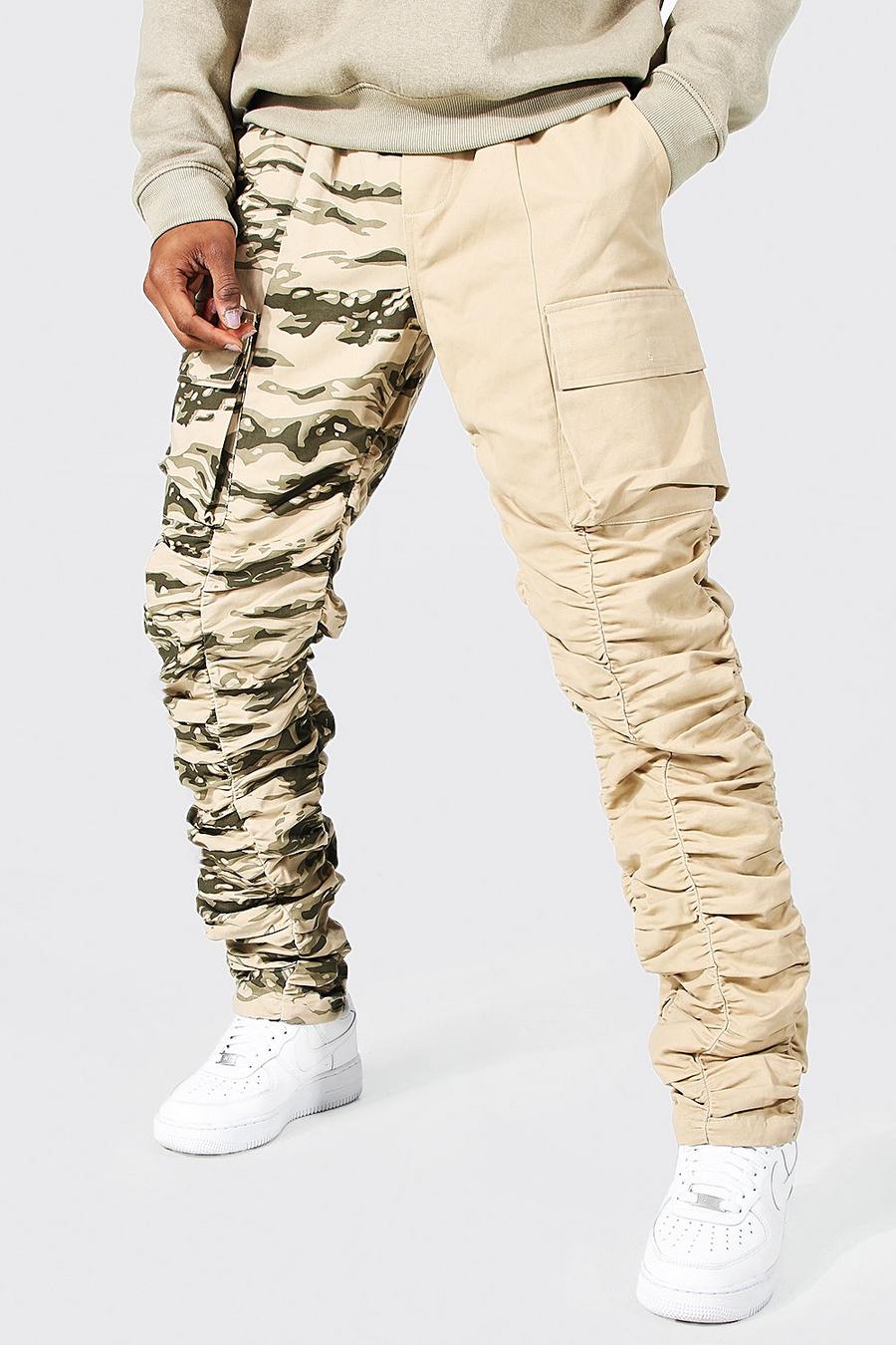 Stone beige Slim Fit Spliced Ruched Camo Trousers image number 1