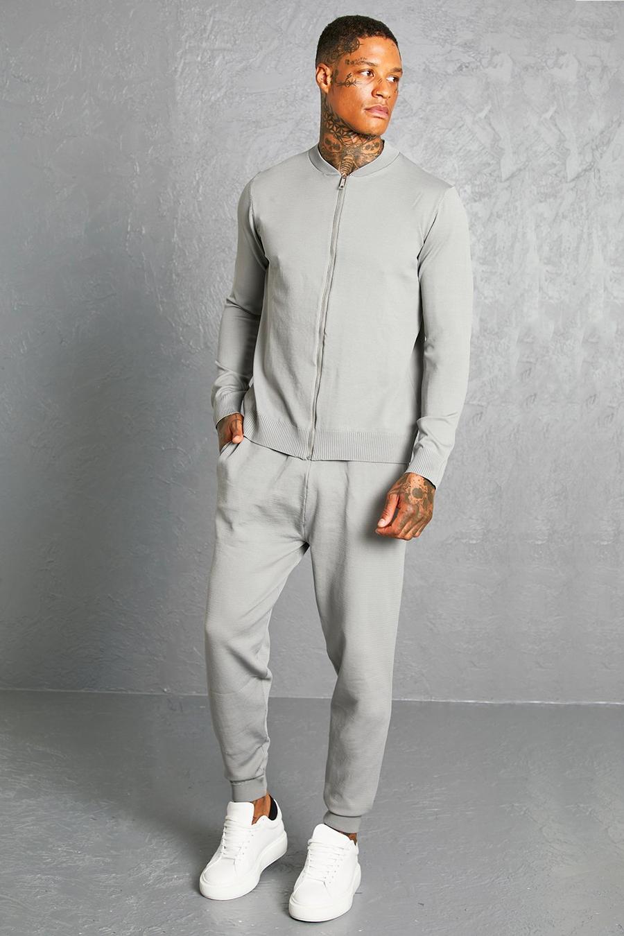 Conjunto de pantalón deportivo y chaqueta bomber elegante de punto, Grey gris image number 1