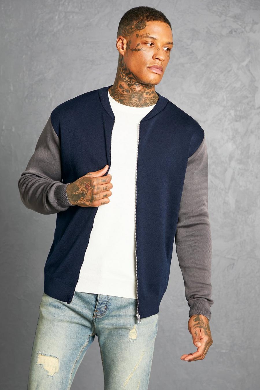 Navy Colour Block Smart Knitted Bomber image number 1