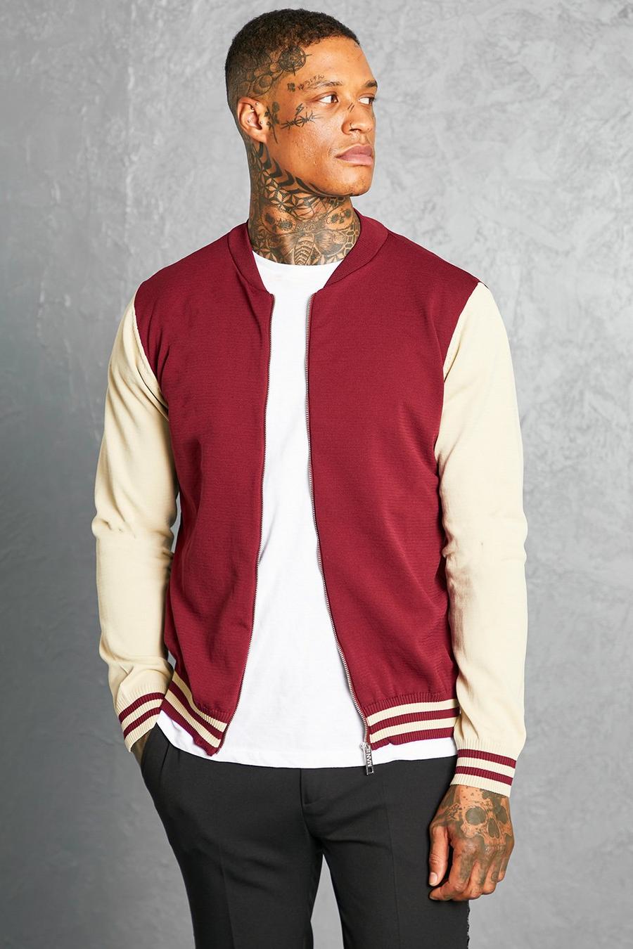 Burgundy Colour Block Smart Knitted Bomber With Stripe image number 1