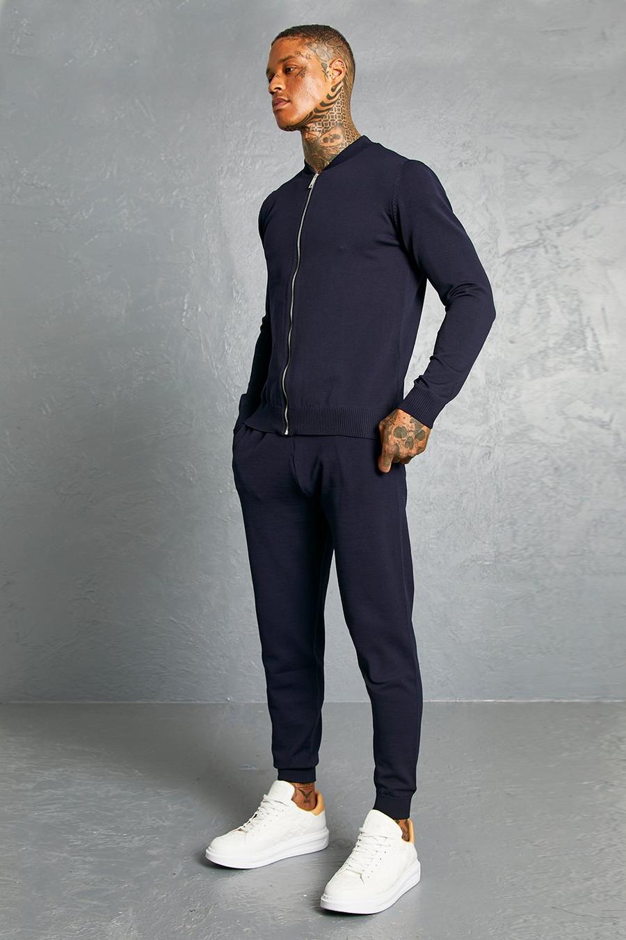 Conjunto de pantalón deportivo y chaqueta bomber elegante de punto, Navy azul marino image number 1