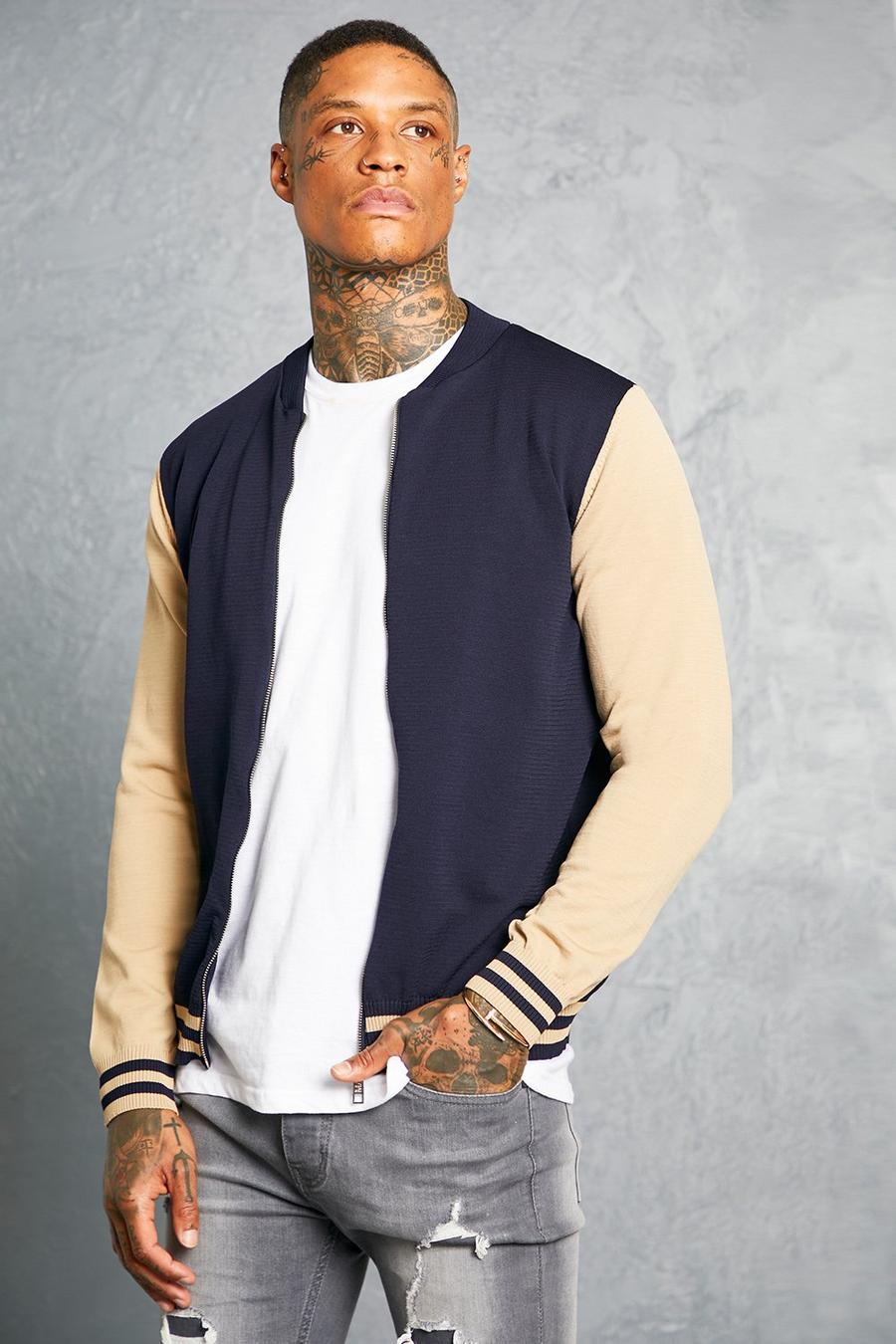 Navy marine Colour Block Smart Knitted Bomber With Stripe image number 1