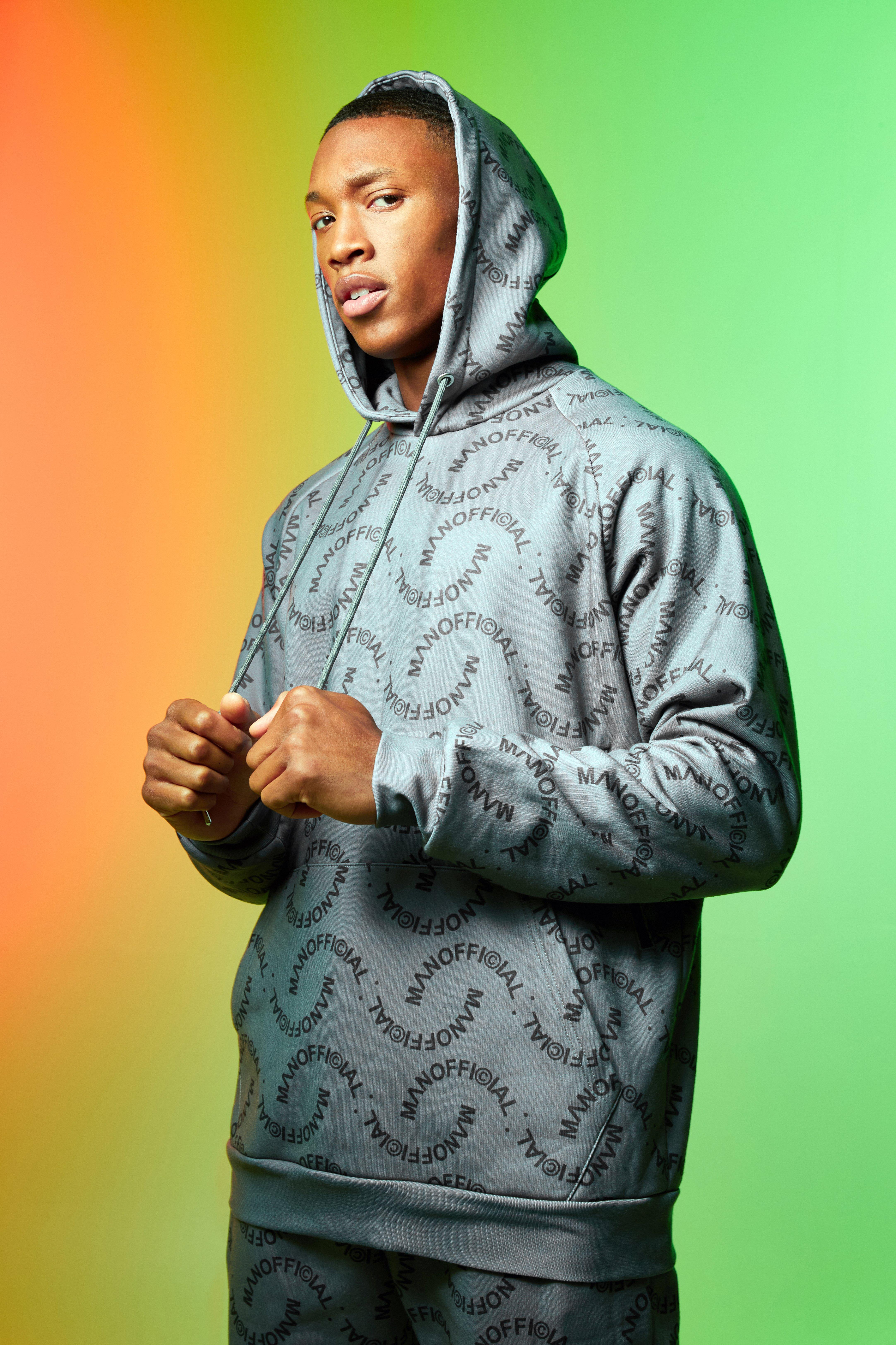 All over man outlet printed hooded tracksuit grey