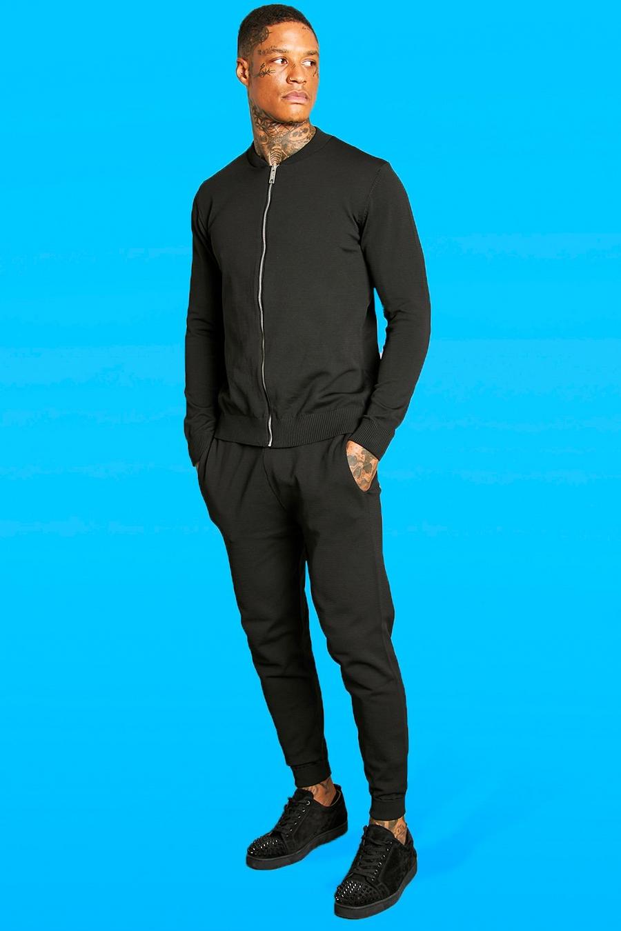Conjunto de pantalón deportivo y chaqueta bomber elegante de punto, Black nero image number 1
