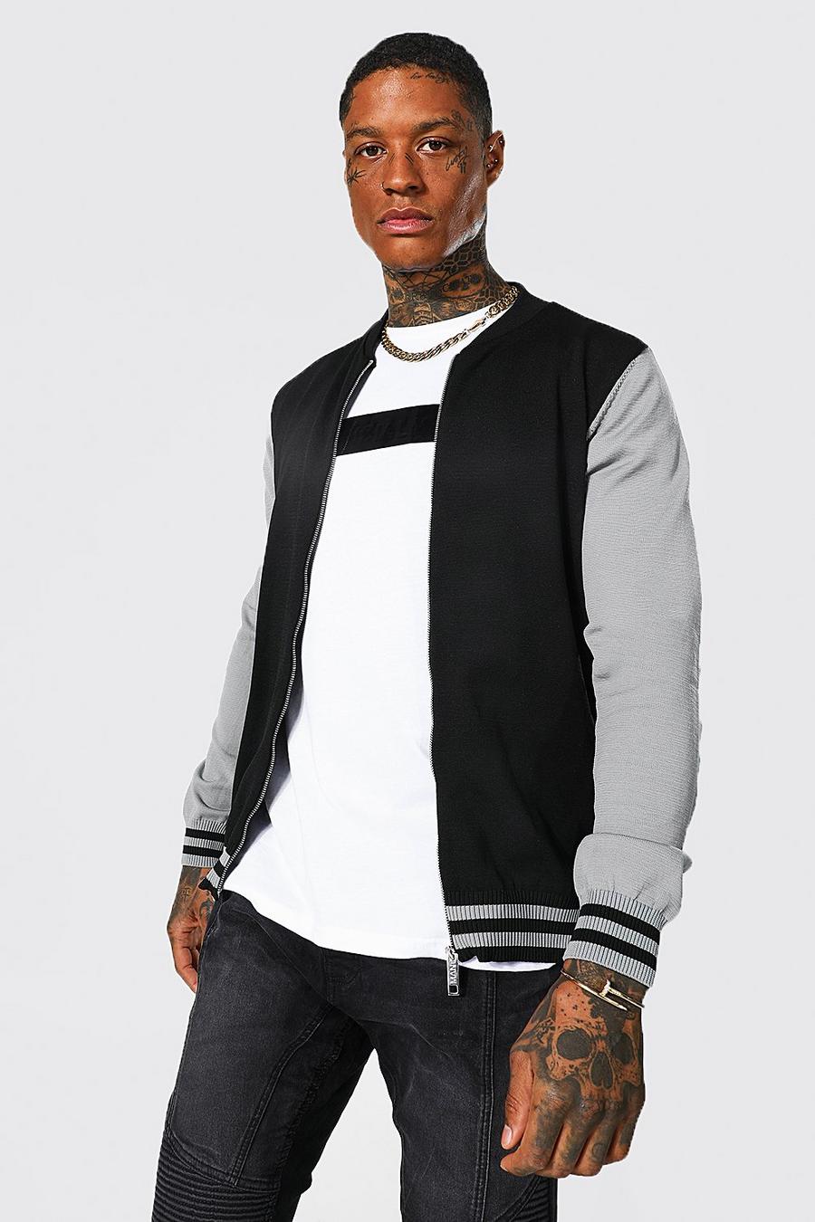 Black Colour Block Smart Knitted Bomber With Stripe image number 1