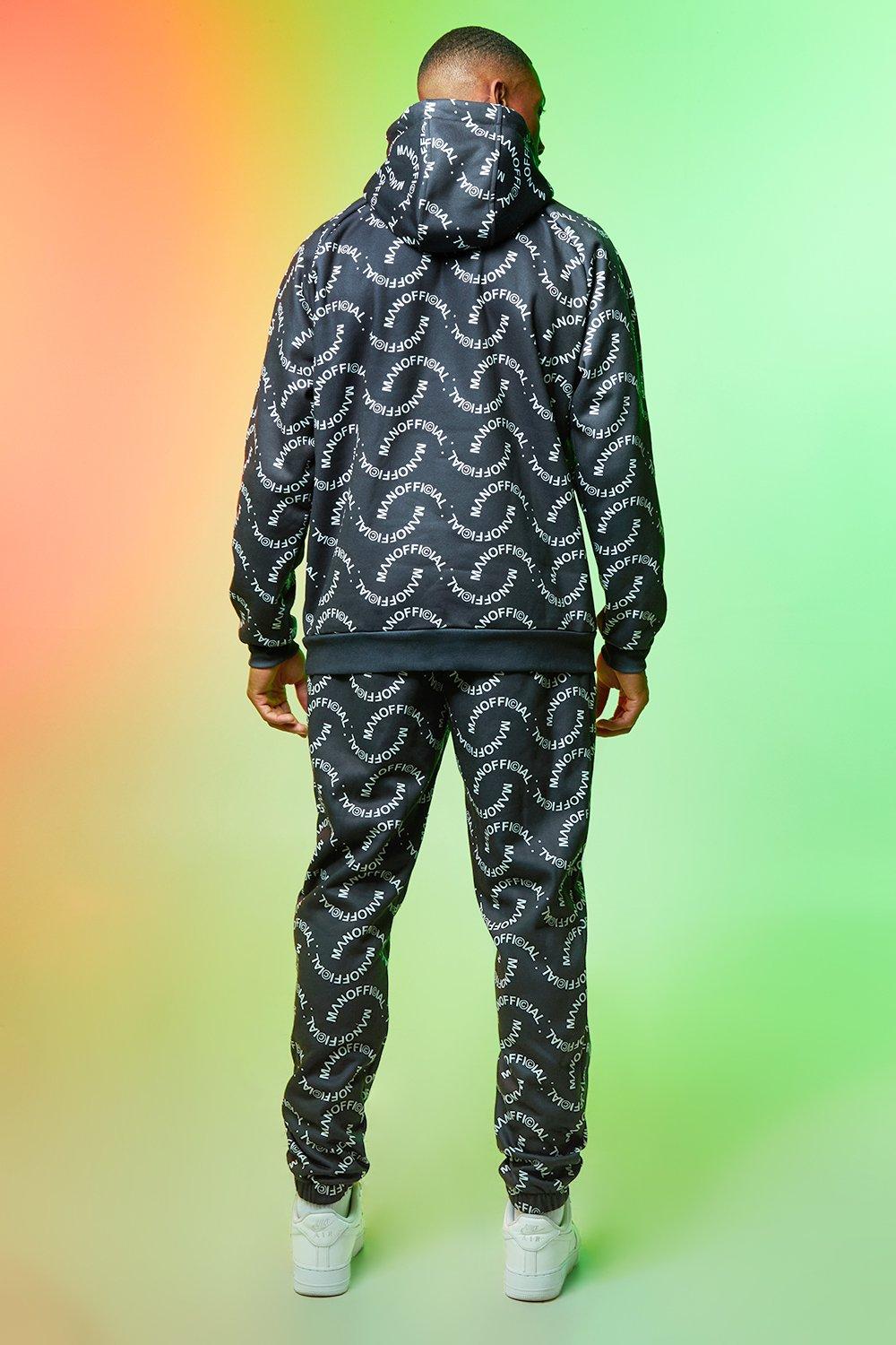 All over man hotsell printed hooded tracksuit black