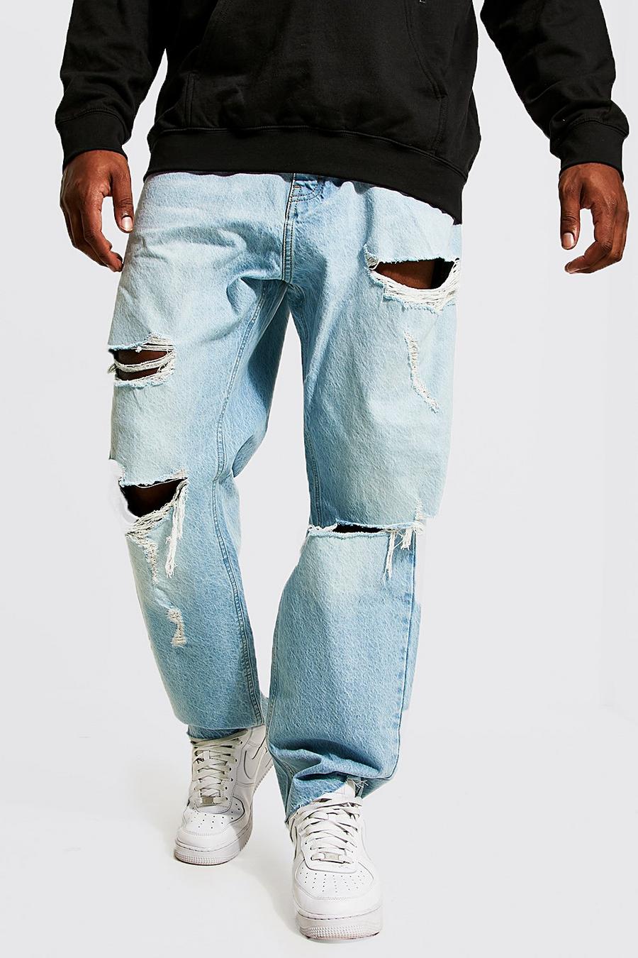 Jeans Plus Size Slim Fit con strappi e fondo smagliato, Ice blue image number 1