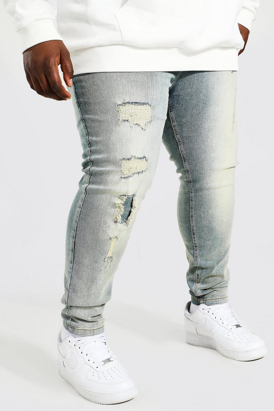 כחול עתיק ג'ינס סופר סקיני עם טלאים מרובים, מידות גדולות