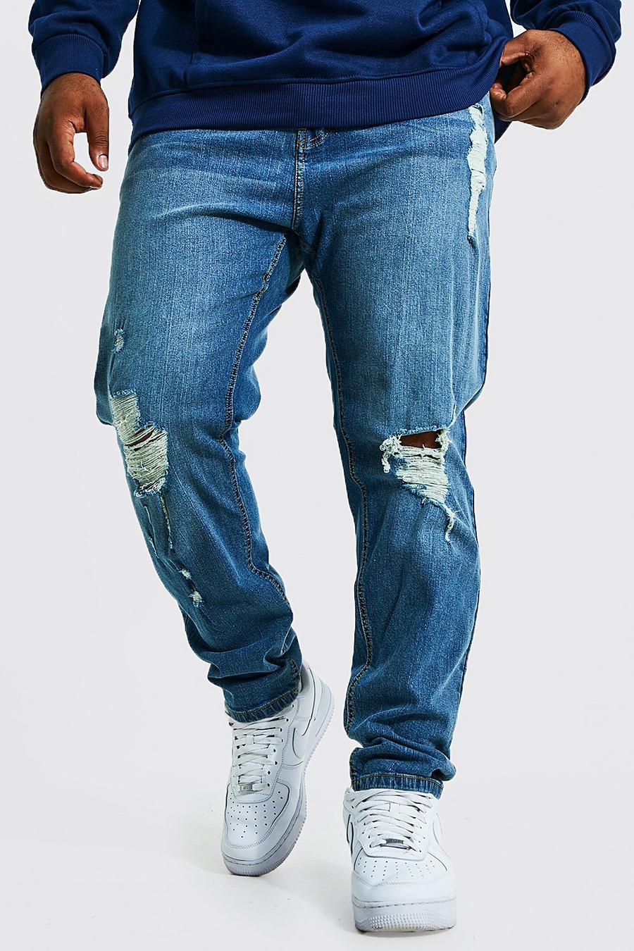 Mid blue blå Plus -Super skinny jeans med slitna knän image number 1