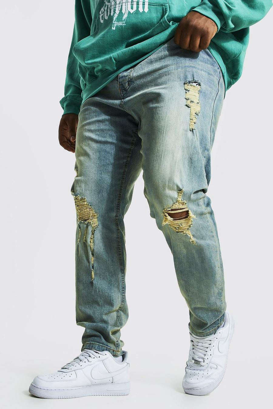 כחול עתיק סקיני ג'ינס עם קרעים ובד משופשף בברכיים, מידות גדולות