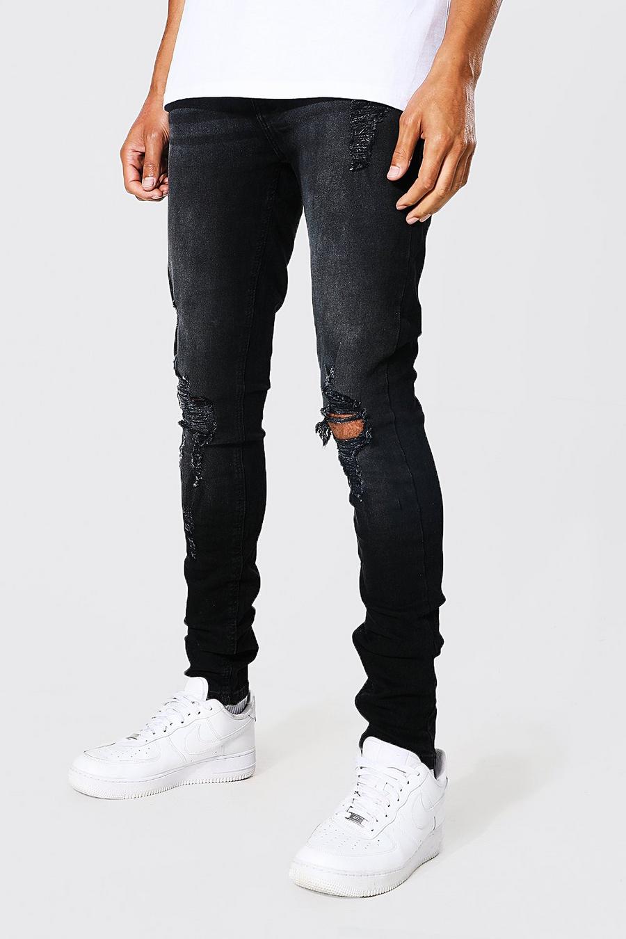 שחור דהוי סקיני ג'ינס עם קרעים ובד משופשף בברכיים, לגברים גבוהים