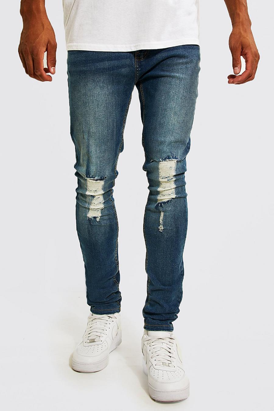 Mid blue blå Tall - Skinny jeans med stretch och slitna knän image number 1