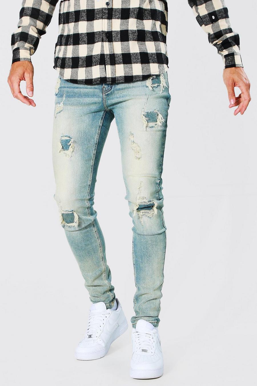 כחול עתיק סקיני ג'ינס עם קרעים וטלאים מאותו הבד, לגברים גבוהים image number 1