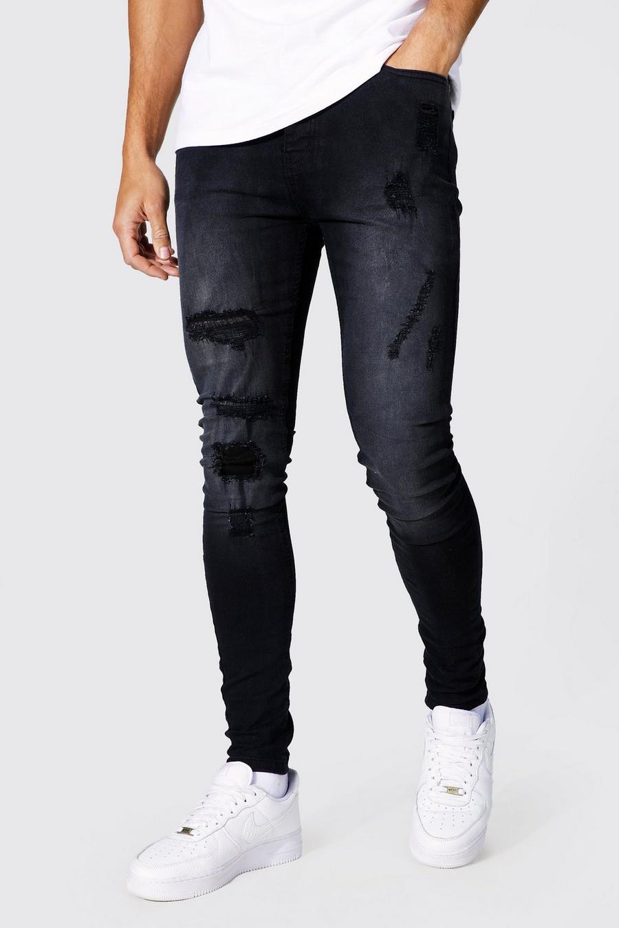 Washed black Tall Super Skinny Rip & Repair Jeans image number 1