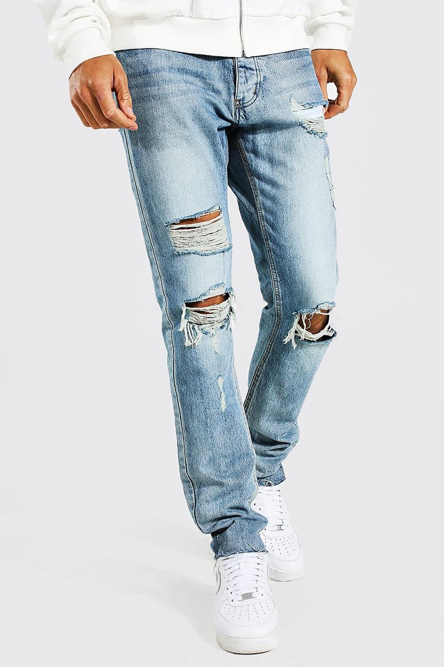 כחול עתיק ג'ינס ripped בגזרה צרה עם קרעים במכפלת, לגברים גבוהים image number 1