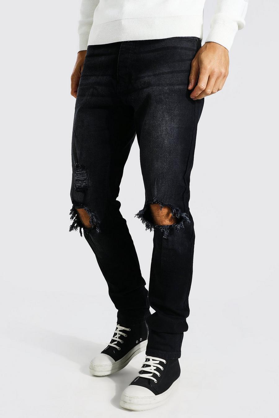 Tall Slim-Fit Jeans mit Riss am Knie, Washed black image number 1