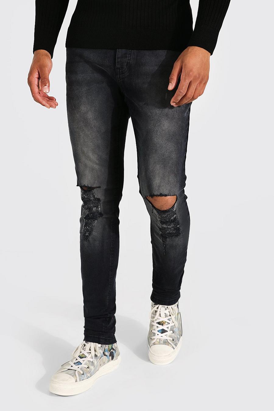 שחור דהוי סקיני ג'ינס נמתח עם בד משופשף בברכיים, לגברים גבוהים image number 1