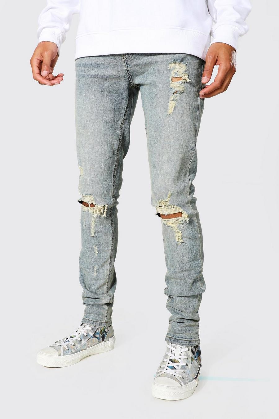 כחול עתיק סקיני ג'ינס עם קרעים ובד משופשף בברכיים, לגברים גבוהים