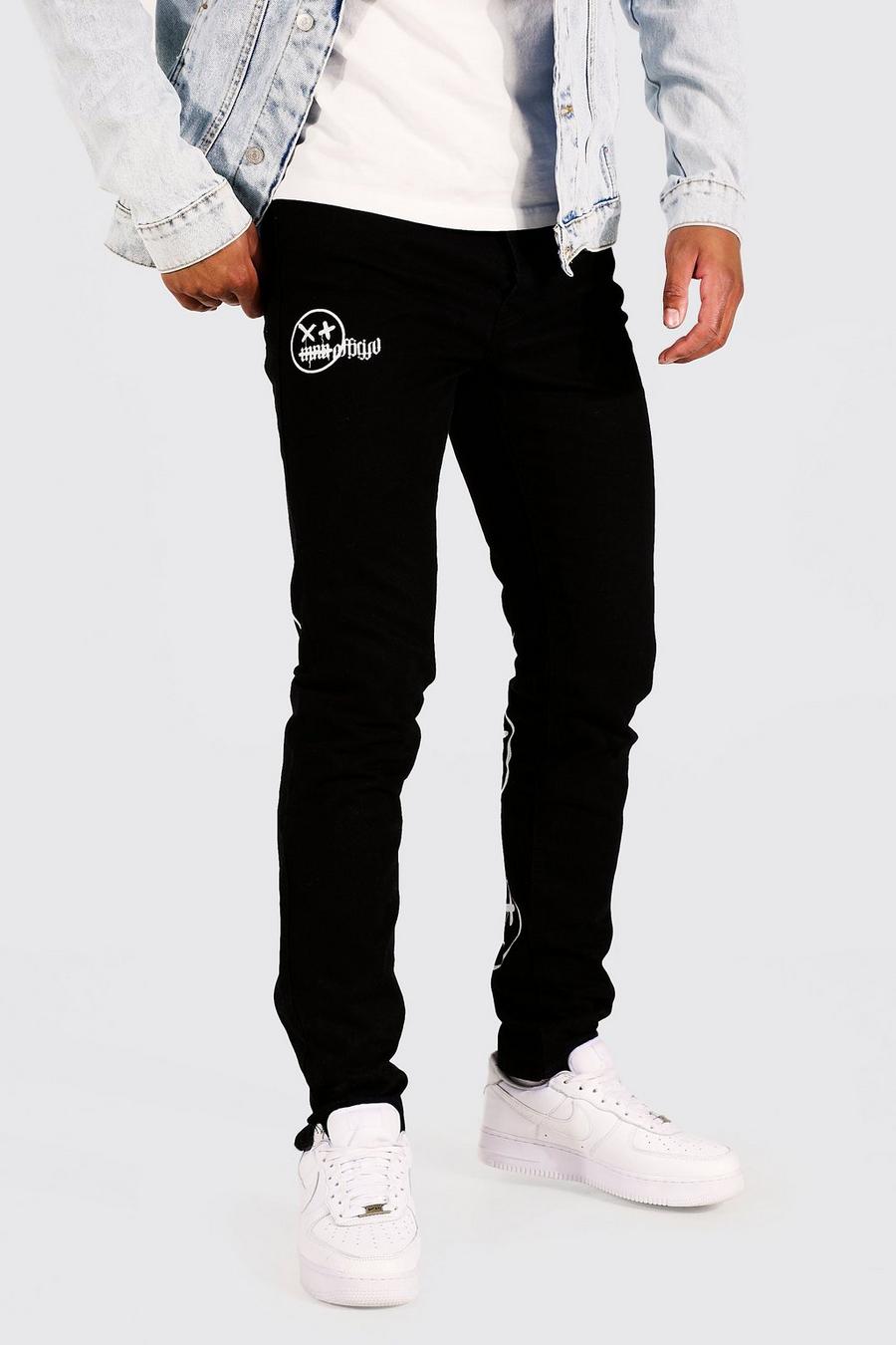 Jeans Tall Skinny Fit rigidi con stampa di Smiley sul retro, True black image number 1
