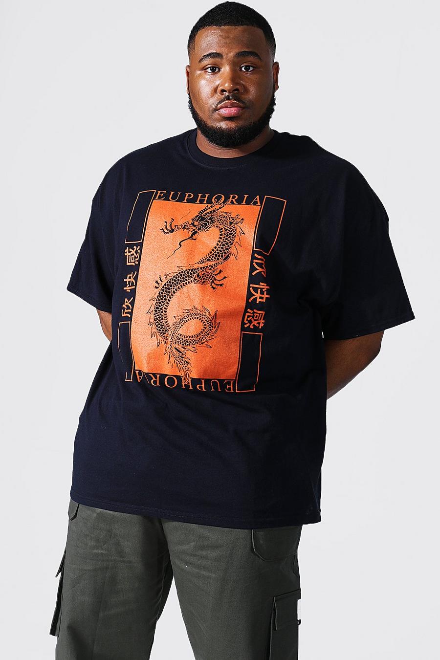 Black svart Plus Size Euphoria Dragon Printed T-shirt image number 1