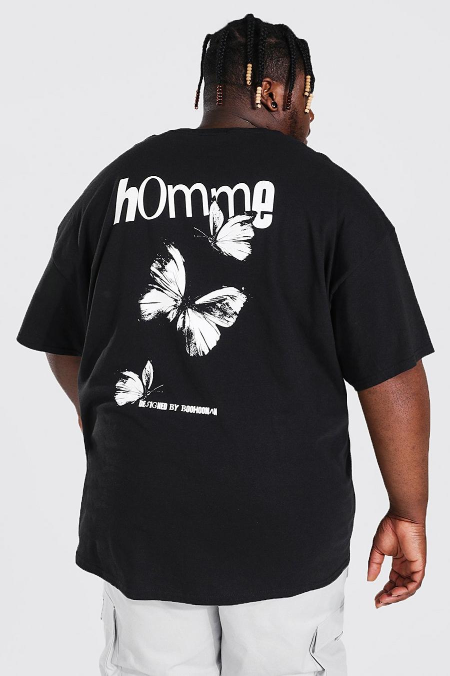 Black noir Plus Size Homme Vlinder T-Shirt Met Rugopdruk image number 1