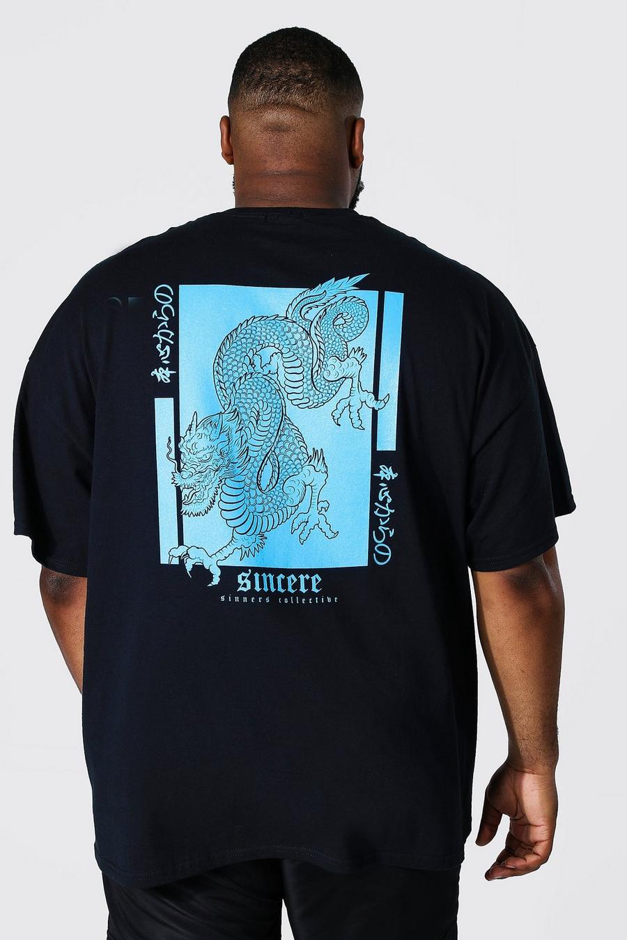 Camiseta Plus con estampado en la espalda de dragón Sincere, Black negro image number 1