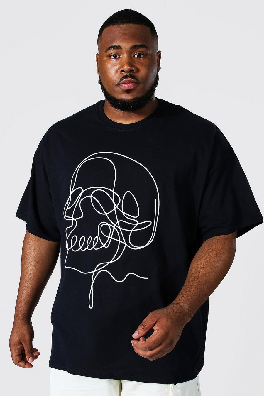 Black svart Plus Size Line Skull Drawing Print T-shirt image number 1