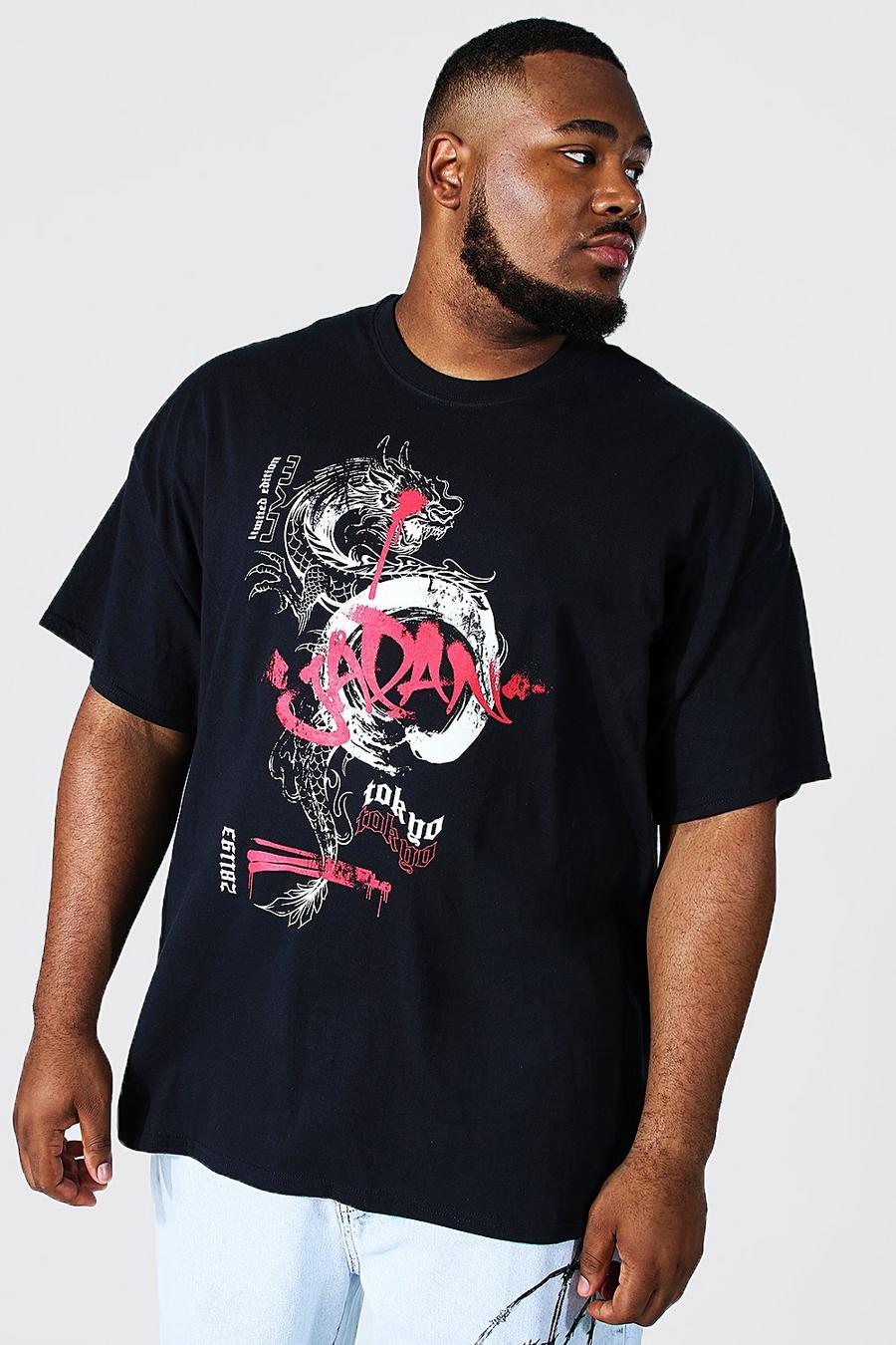 T-shirt Plus Size con stampa di drago stile graffiti, Black negro image number 1