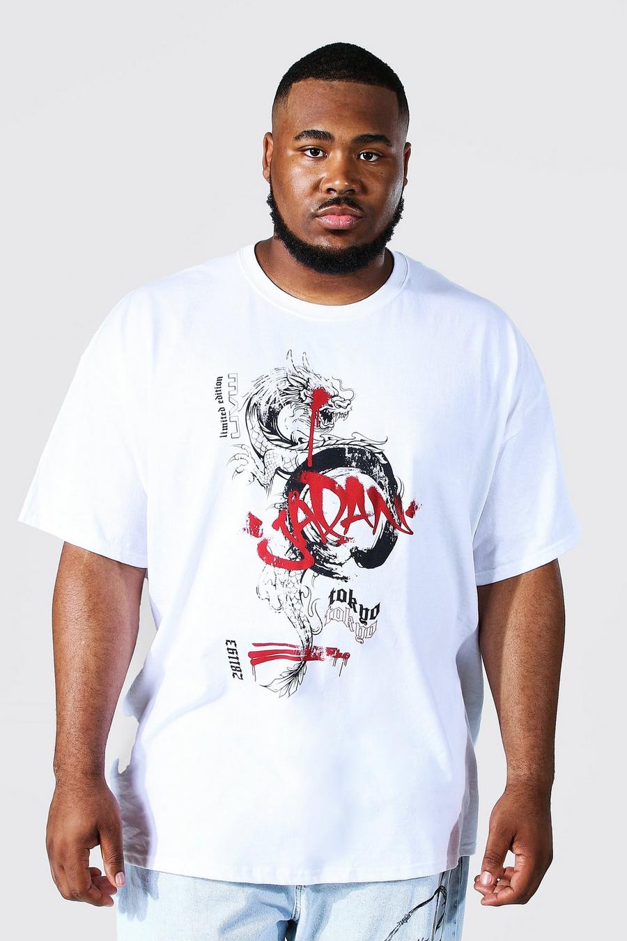 Camiseta Plus con grafiti y dragón, White bianco image number 1