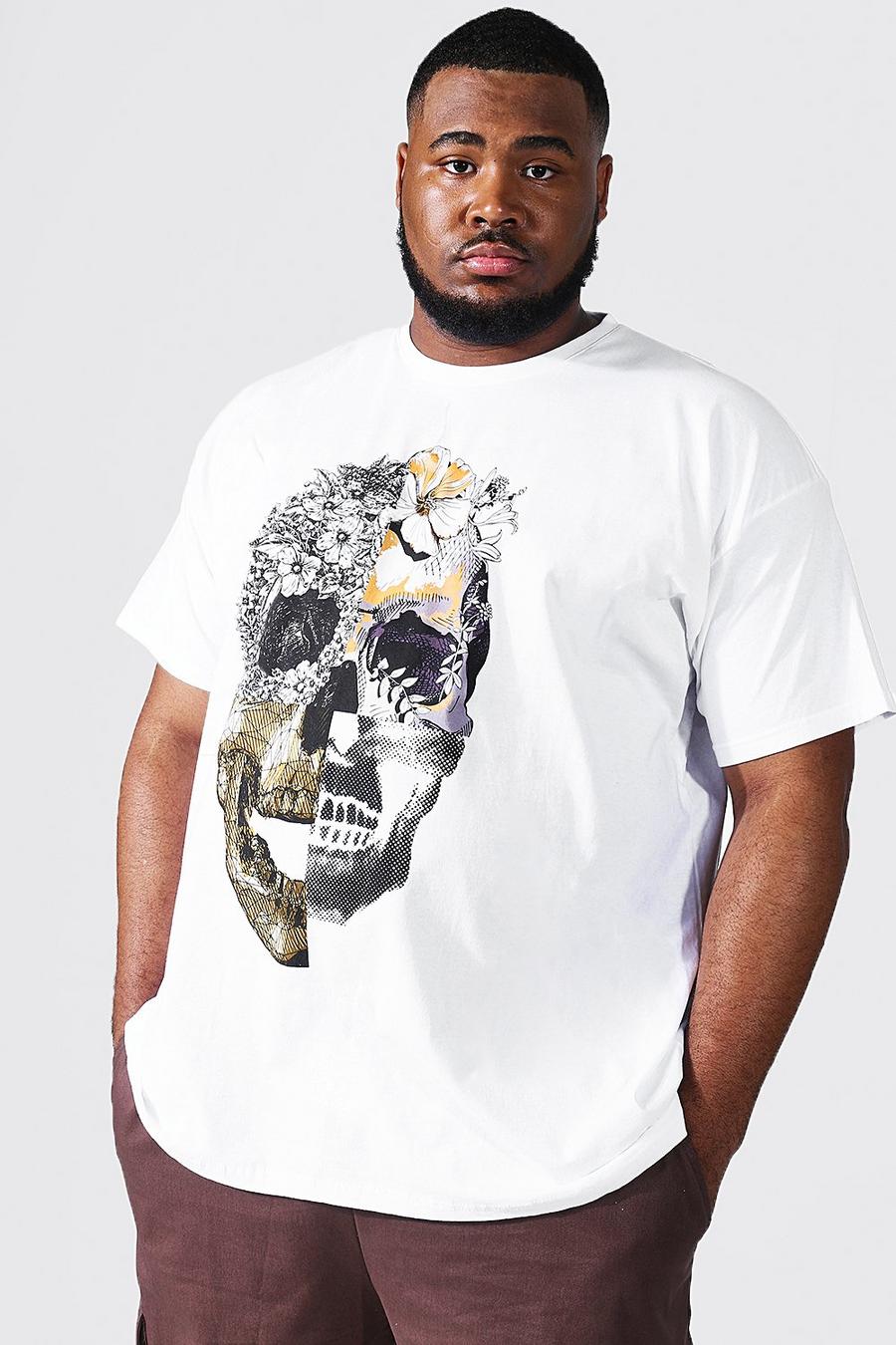 White Plus Size Skull Floral Graphic T-Shirt image number 1
