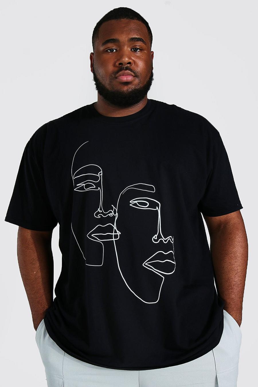 Camiseta Plus con caras dibujadas con líneas, Black nero image number 1