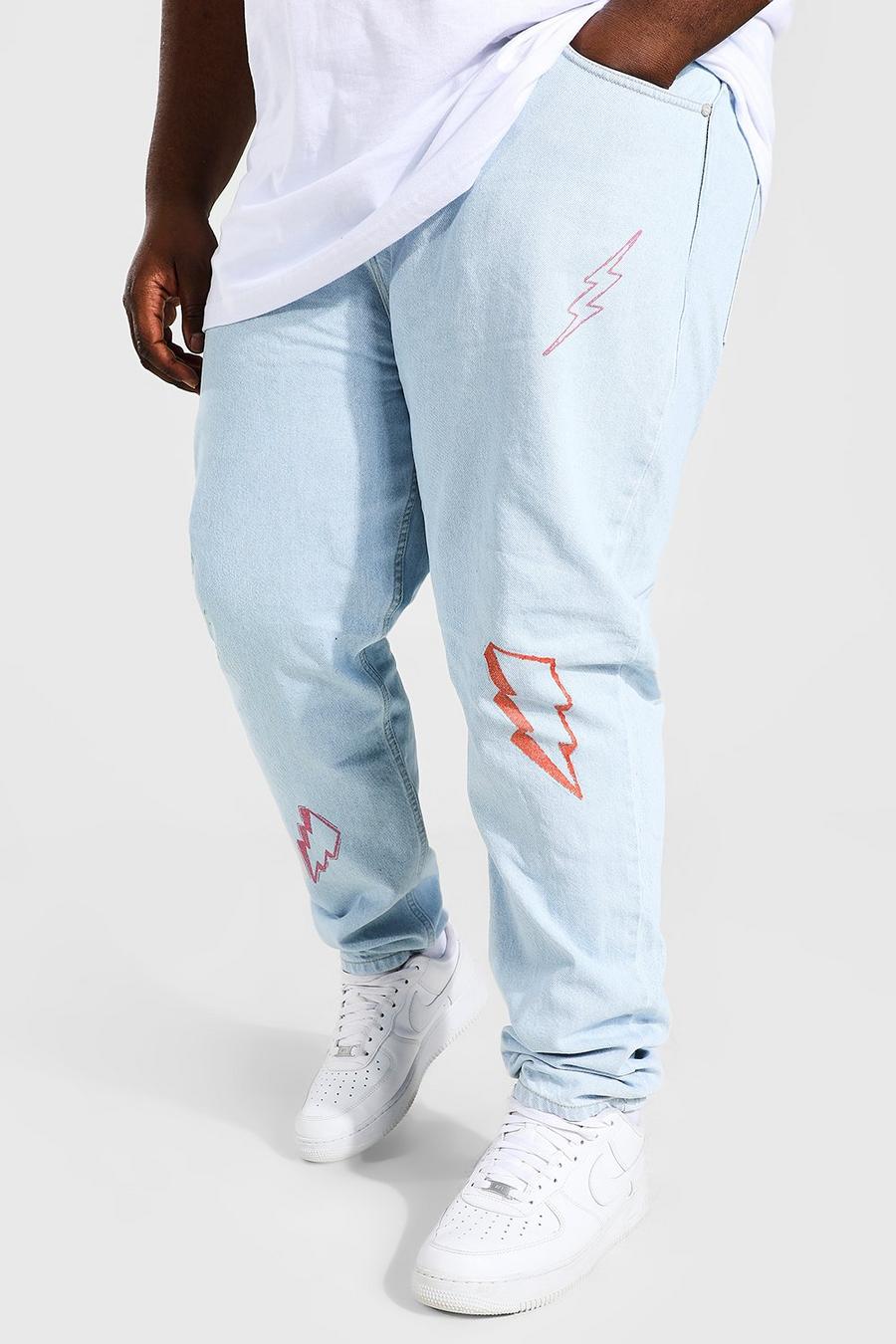 כחול קרח סקיני ג'ינס מבד קשיח עם הדפס ברקים, למידות גדולות image number 1