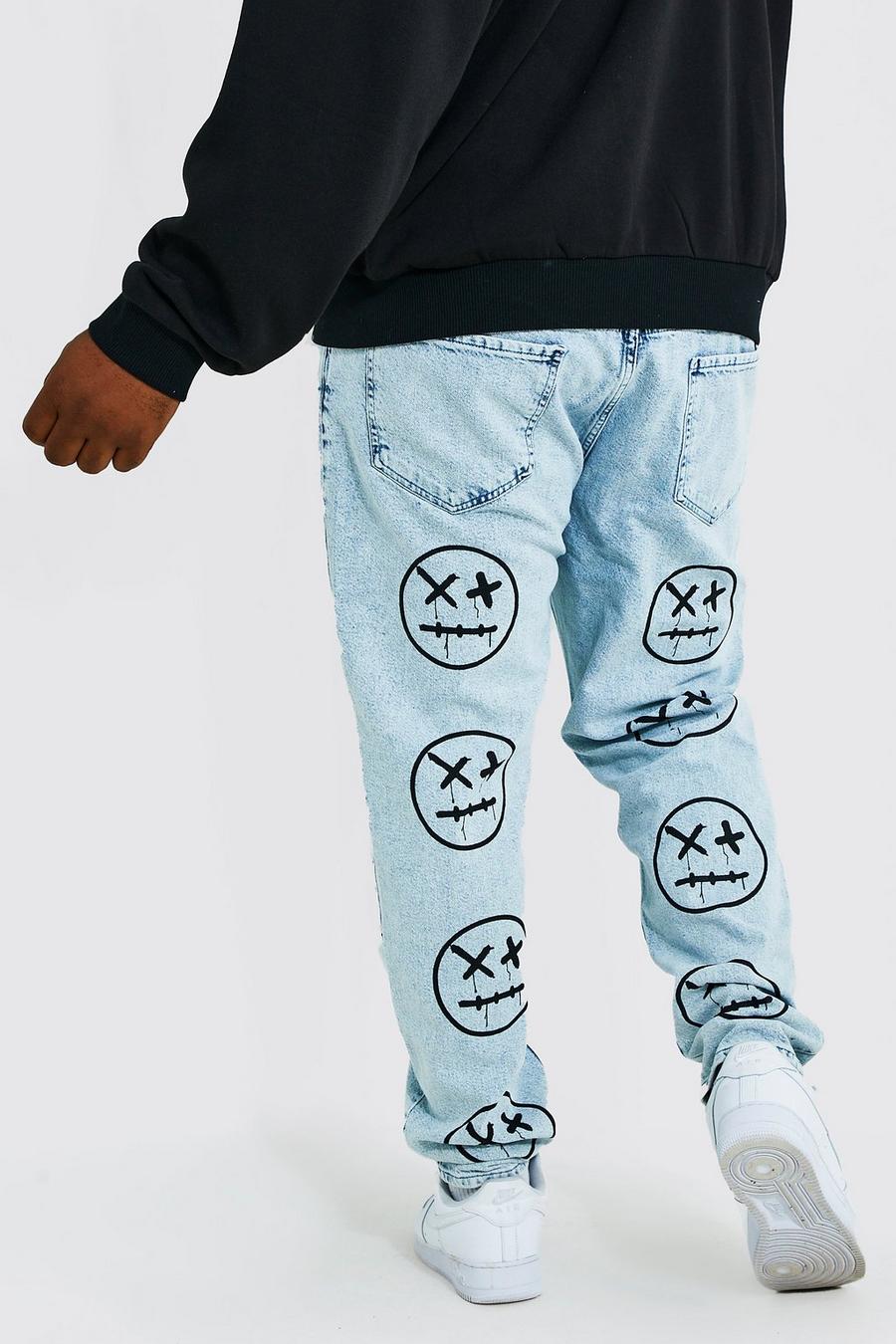 Plus Skinny Jeans mit Drip Face Print, Ice blue image number 1