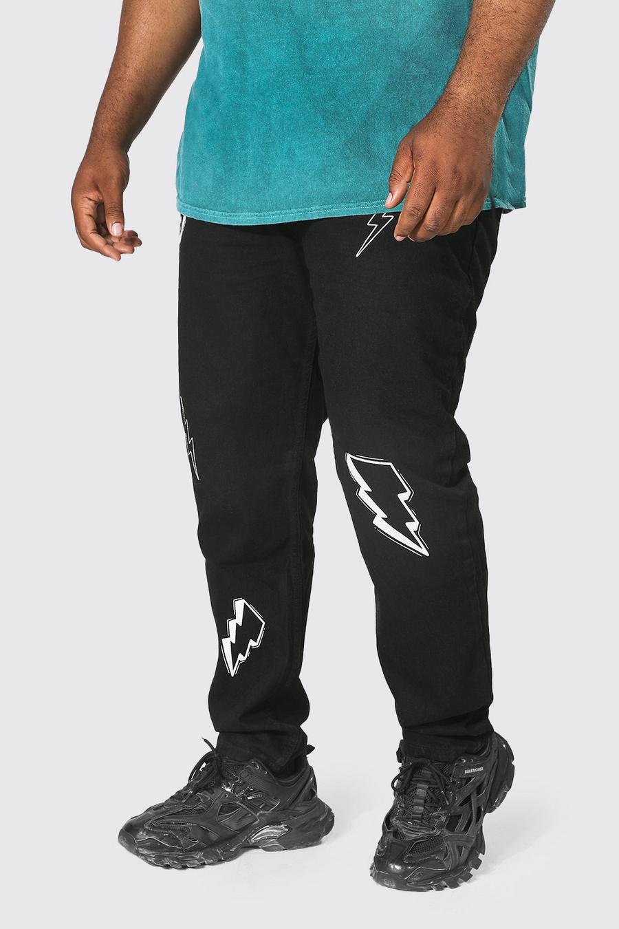 שחור אמיתי סקיני ג׳ינס מבד קשיח עם הדפס ברקים, למידות גדולות image number 1