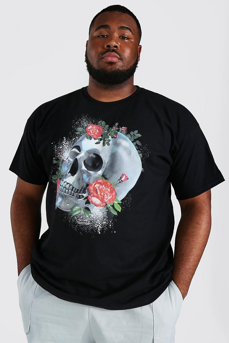 Plus Size T-Shirt mit Chrome Rosen Totenkopf-Print, Black image number 1
