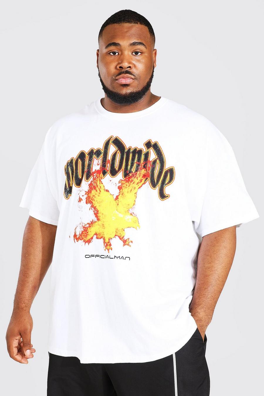 Camiseta Plus con estampado frontal y en la espalda de águila y llamas, White bianco image number 1
