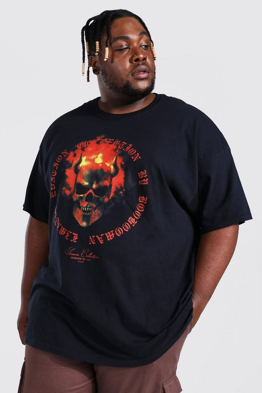 Camiseta Plus con estampado de llamas y calavera, Black nero image number 1