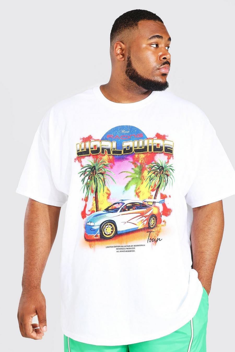 Camiseta Plus con estampado de palmeras y carreras, White bianco image number 1
