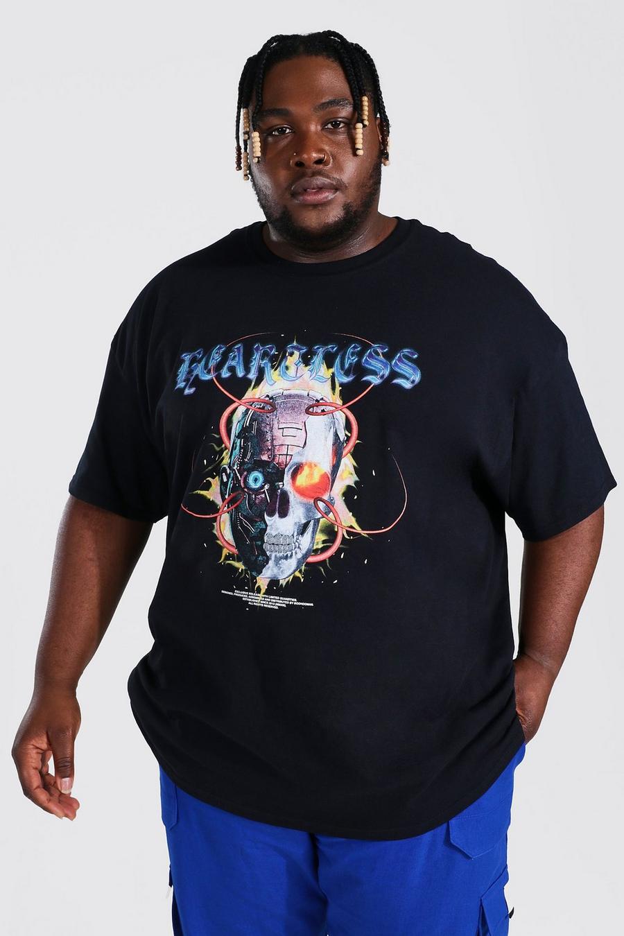 Camiseta Plus con estampado frontal y en la espalda de calavera robot, Black negro image number 1