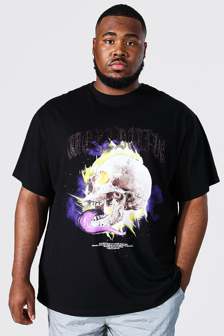 Black Plus Loose Fit Skull Rhinestone T-shirt image number 1