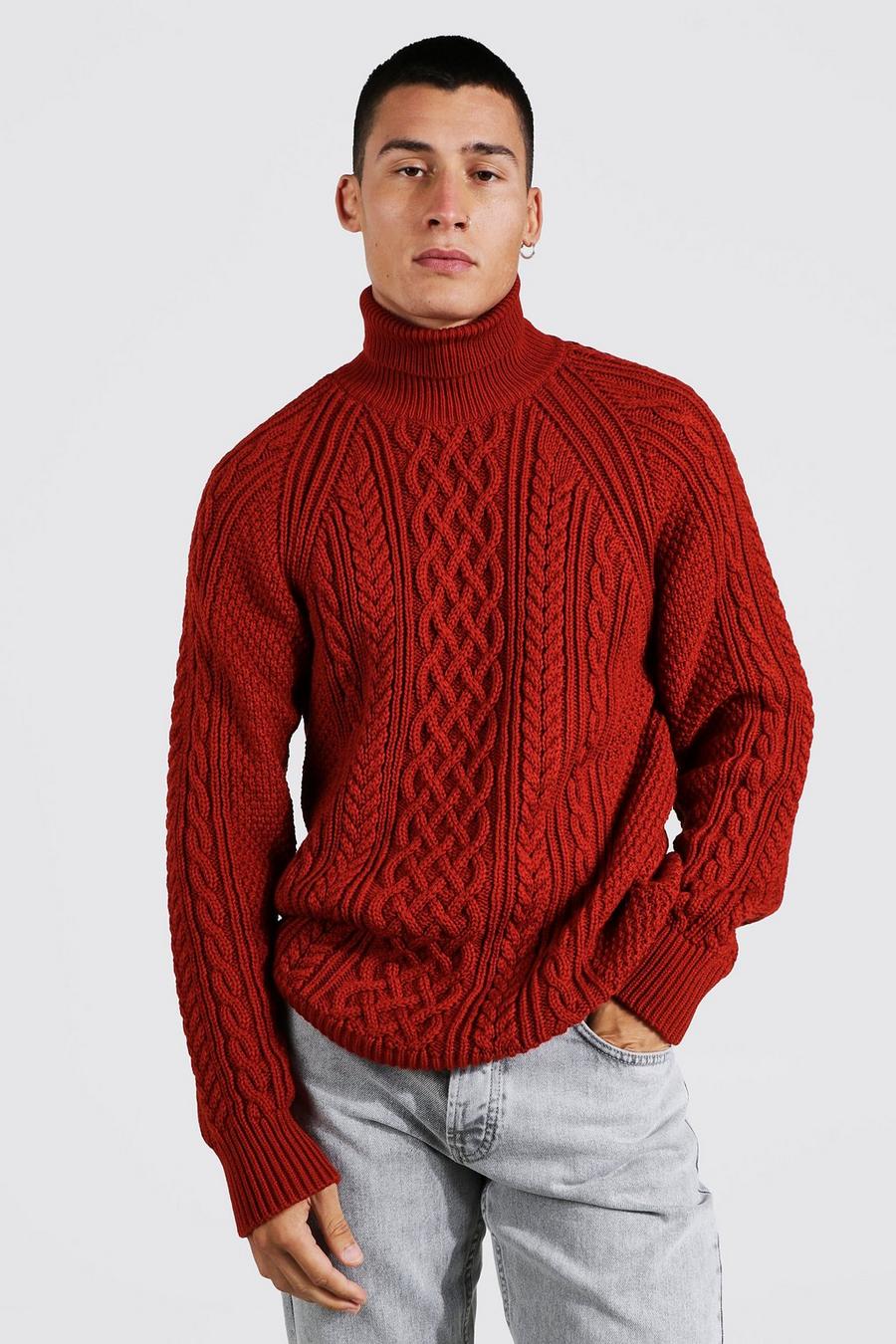Rust Roll Neck Oversized Cable Knitted Jumper image number 1