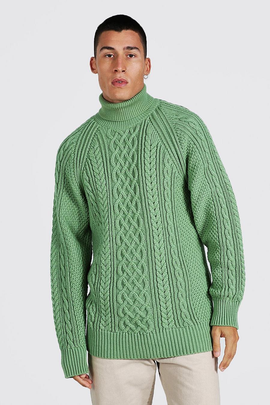 Sage green Oversize kabelstickad tröja med polokrage image number 1