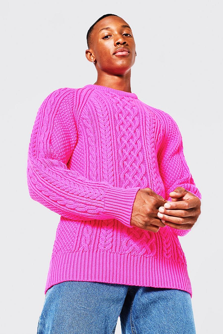 Bright pink rosa Oversize kabelstickad tröja med raglanärm image number 1