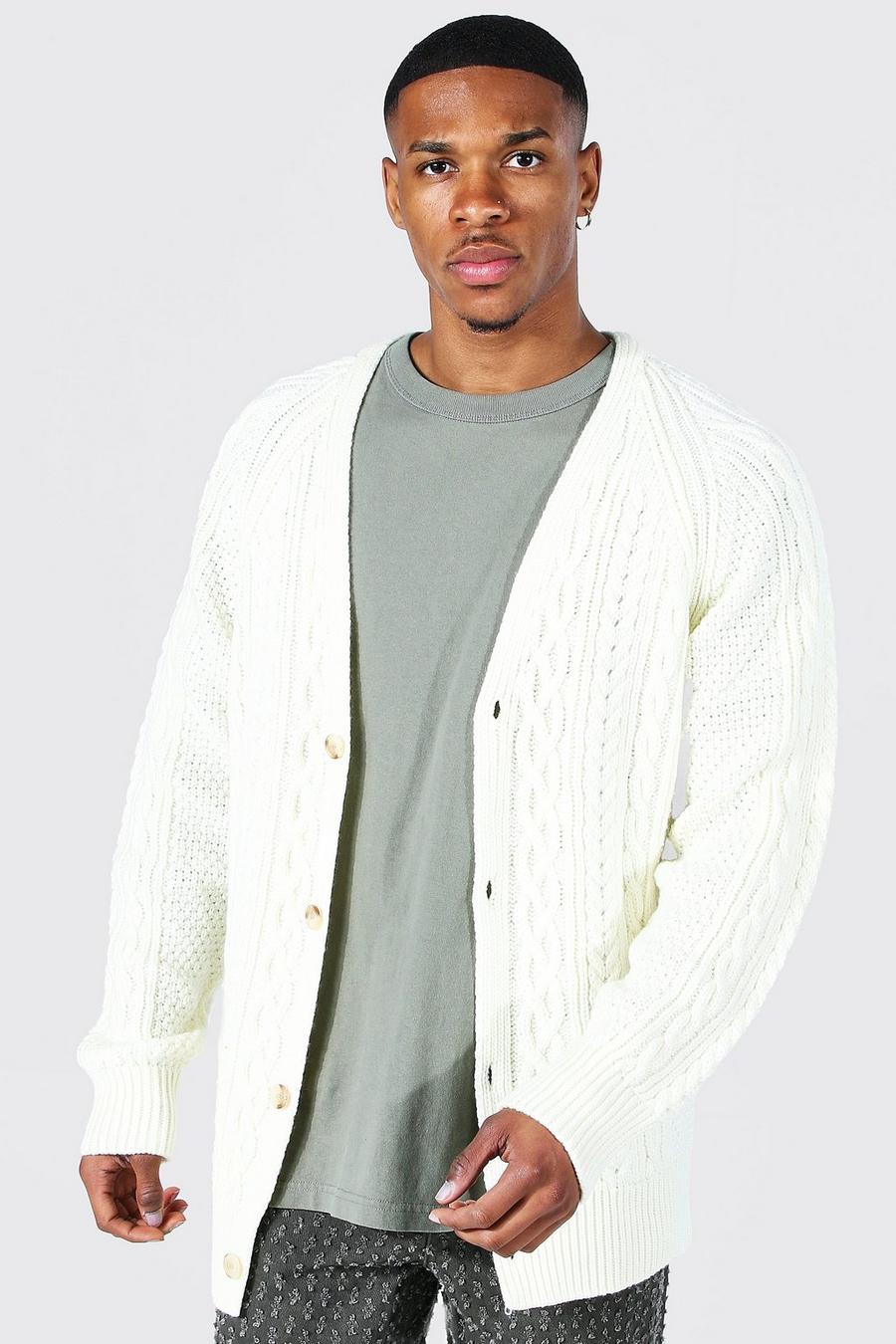 Cardigan in maglia intrecciata oversize con maniche raglan, Ecru blanco image number 1